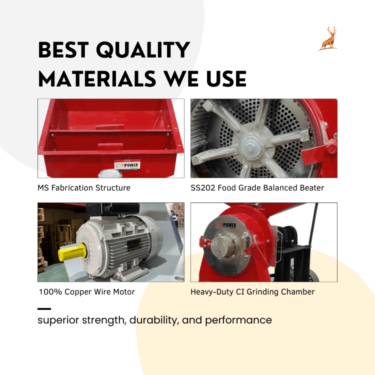 10 hp atta chakki - chamber hopper and motor close-up view - reindeer machinery