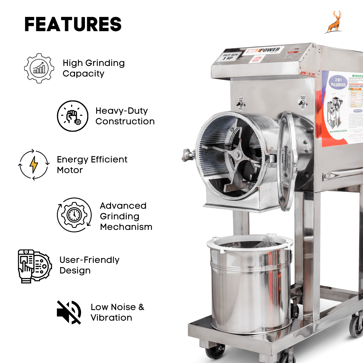 3 hp atta chakki - features - Reindeer Machinery