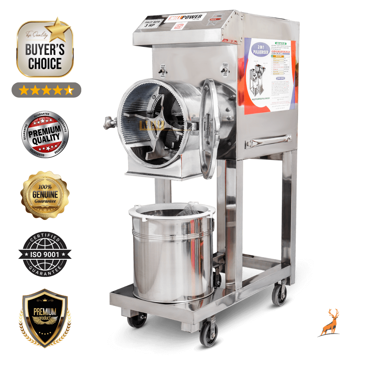 3 hp atta chakki – front view double chamber – Reindeer Machinery